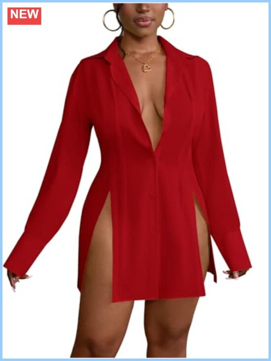Dresses & Skirts - Collared Deep V Neck Button Down Mini Shirt Dress